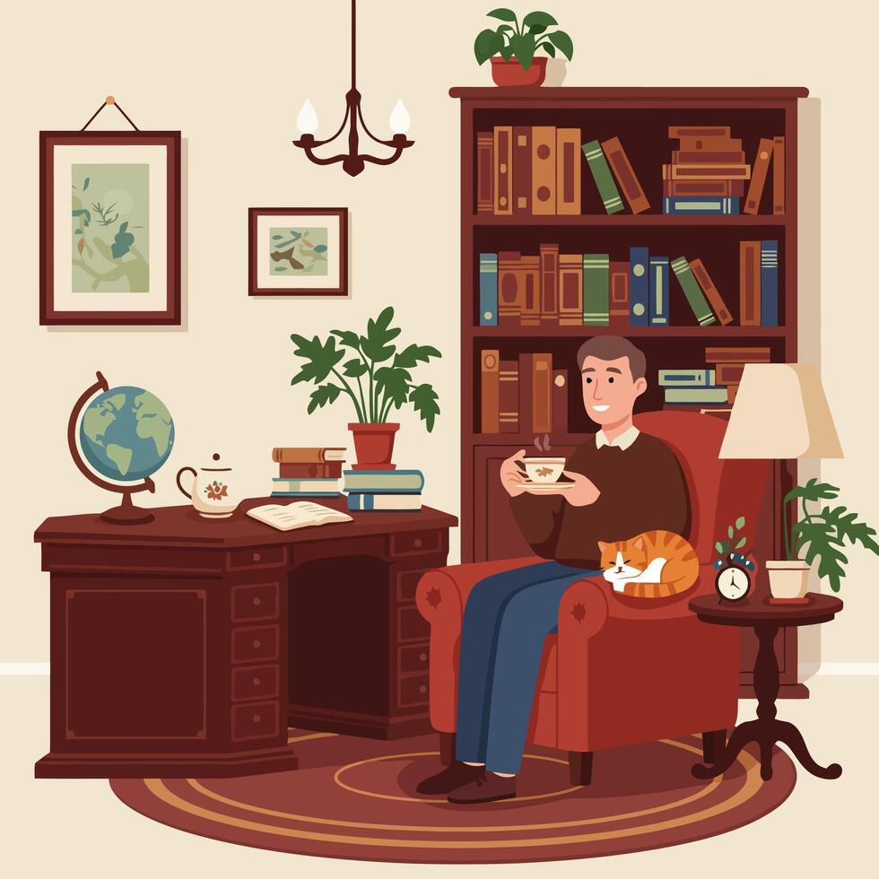 Relaxing at Home Man Enjoying Tea with Cat and Books vector