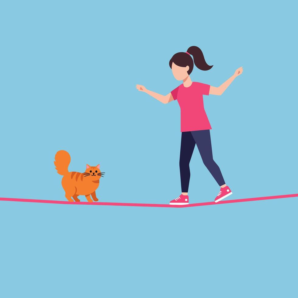 Walking a Tightrope a Cartoon Woman and Cat Perform Balancing Act vector