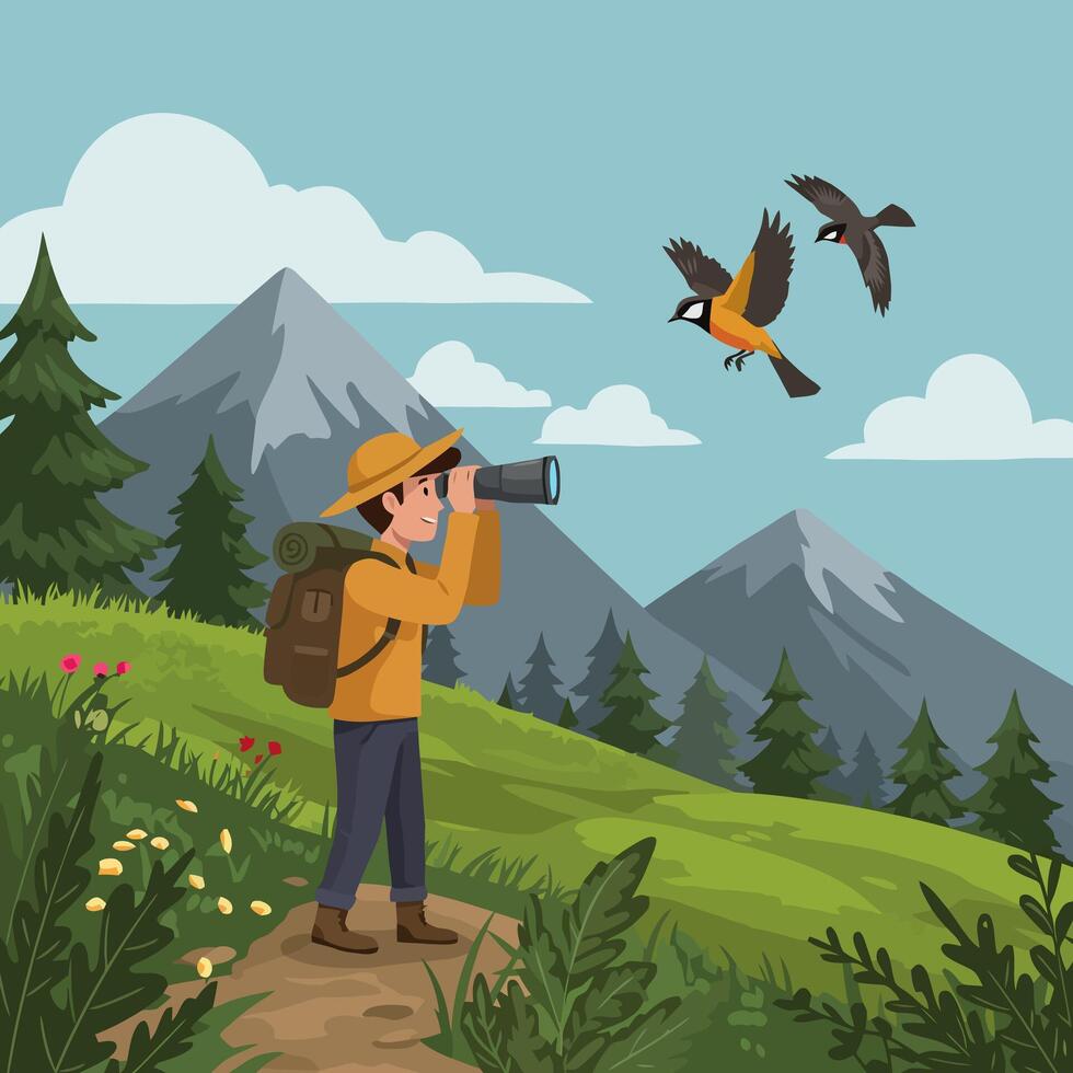 Man Birdwatching with Binoculars on Hiking Trail in Mountain Landscape vector