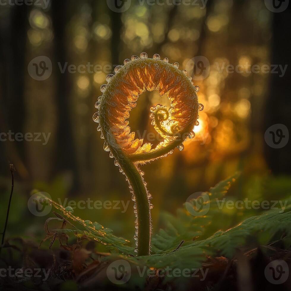 Beautiful fern fonds unrolling at sunset photo