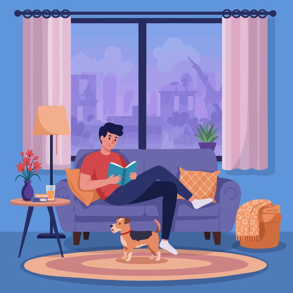 Reading on the Couch at Home with a Dog on a Rainy Day vector