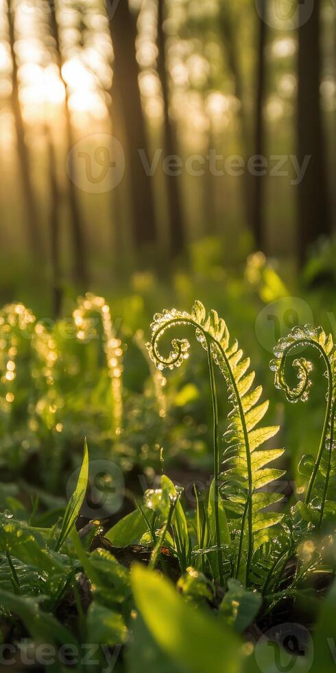 Morning dew on ferns in a forest glade photo