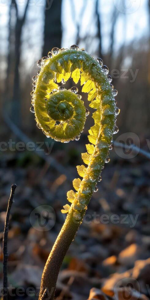 Fern unfurling in morning dew photo