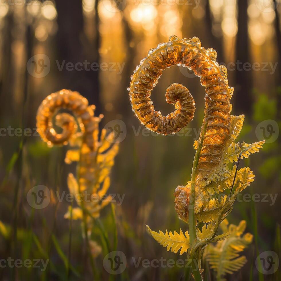Fern fronds unfurling in golden light photo