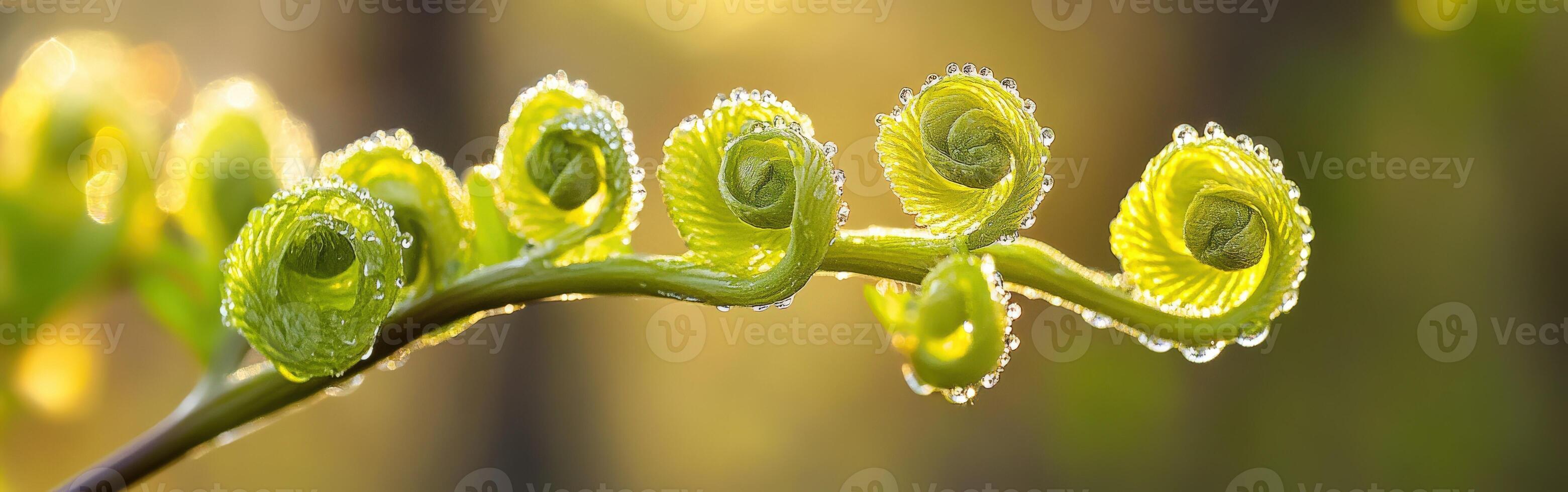 Vibrant fern fonds glistening in morning dew photo