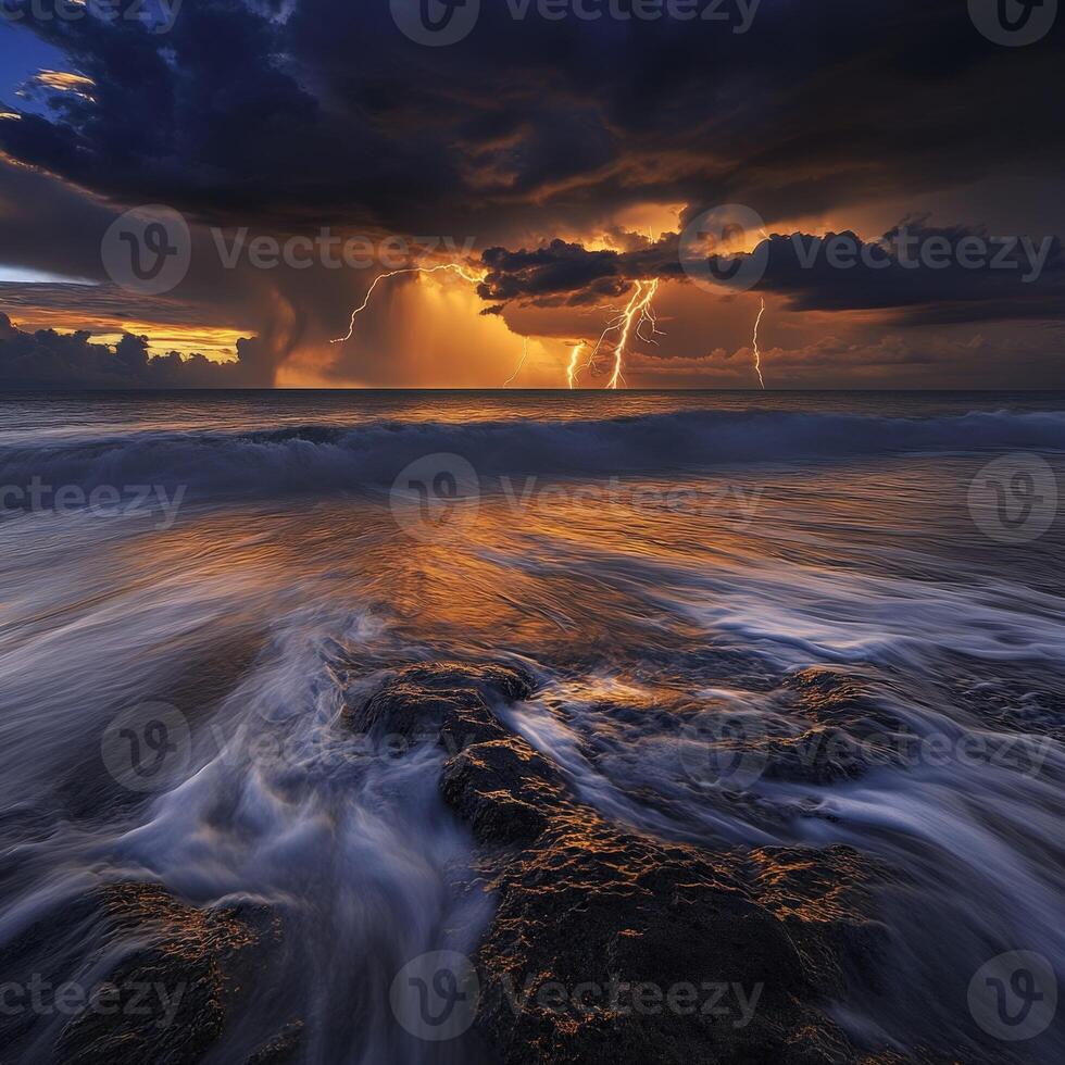 Powerful coastal storm at sunset photo