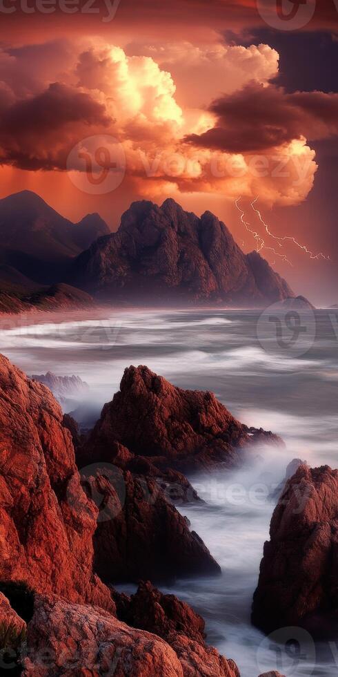 Sunset coastal scene with storm clouds photo