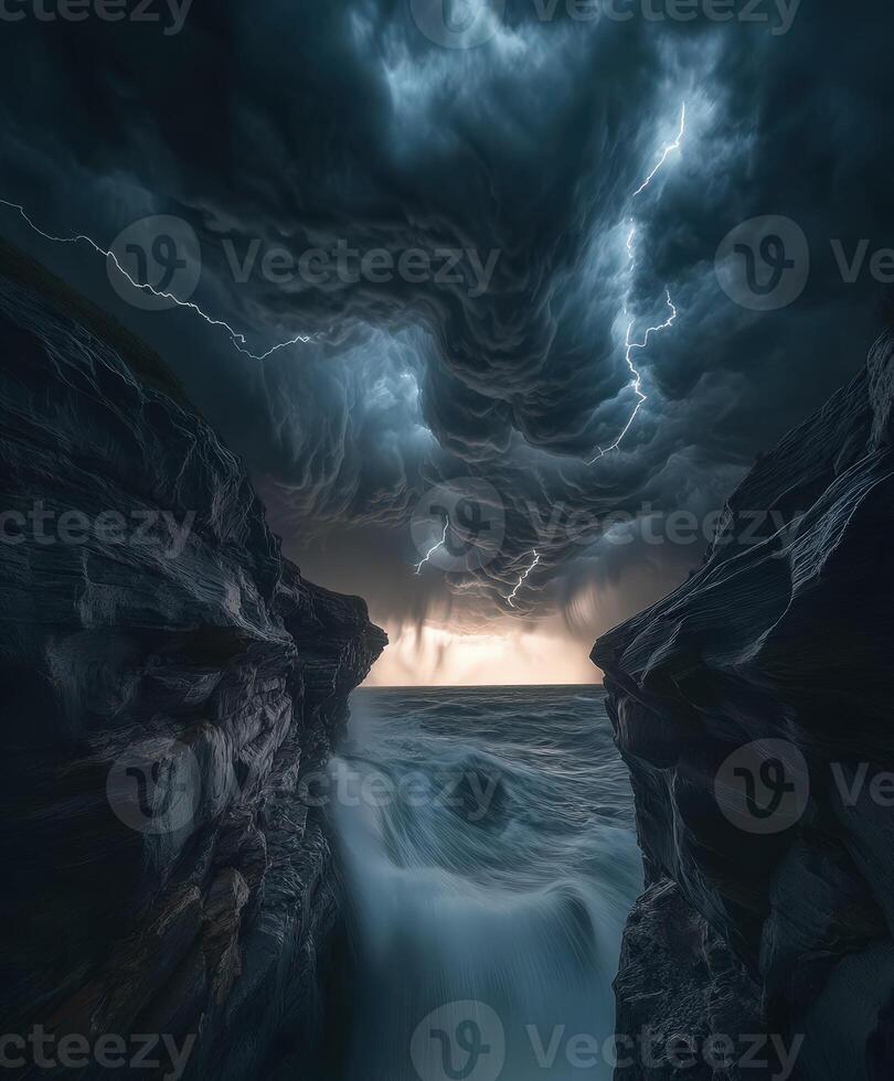 A stormy sky with lightning and water flowing through it photo