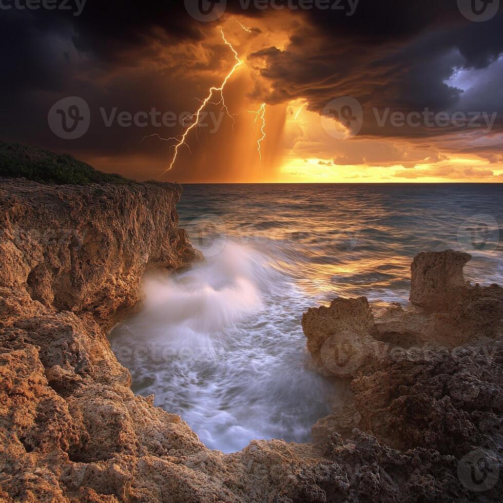 A lightning bolt strikes through the clouds over the ocean photo