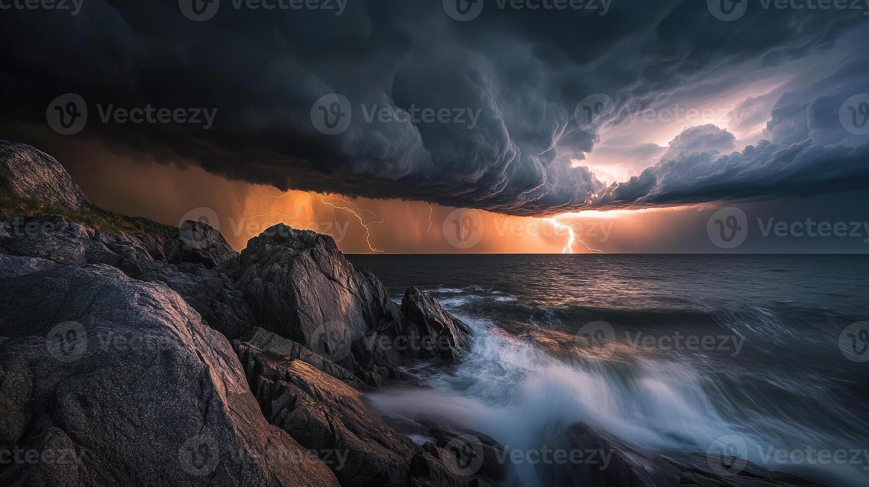 A stormy sky and lightning strike over the ocean photo