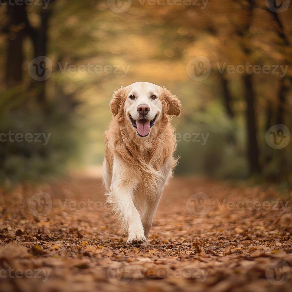 Golden retriever exploring a forest path photo