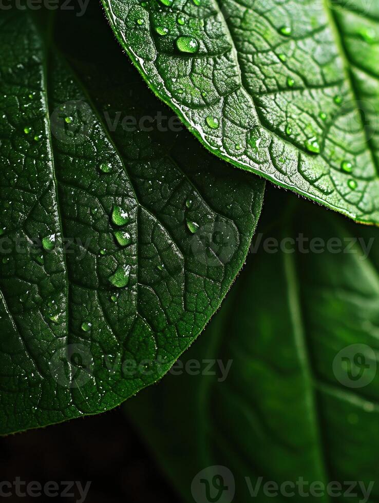 Dew drops glisten on green leaves in nature photo
