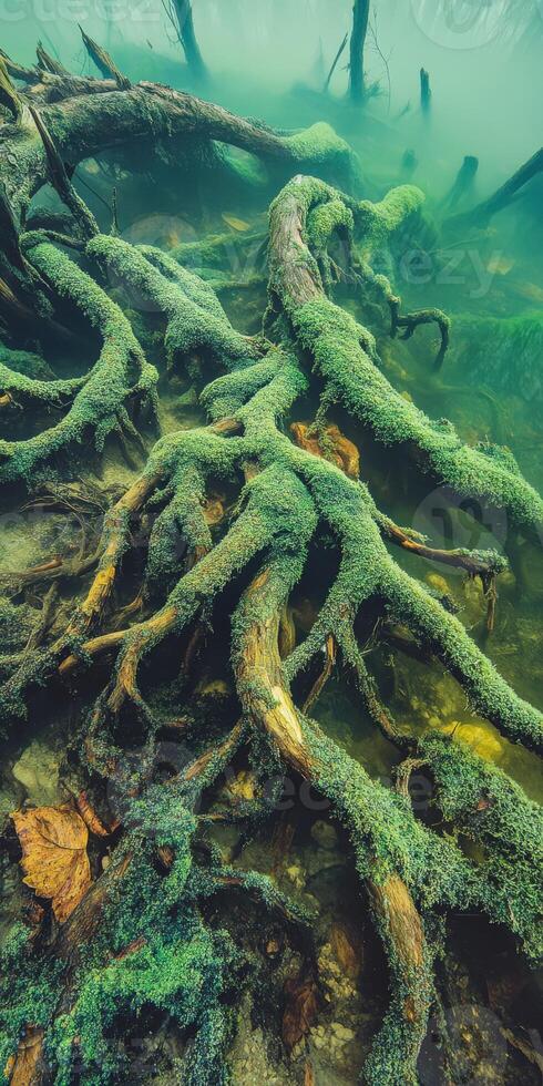 A tree trunk in the water with moss photo