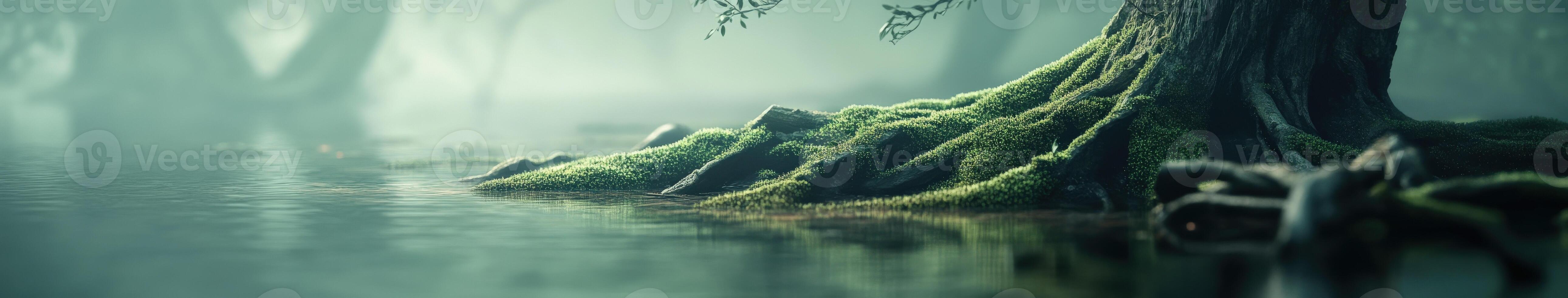 Mossy tree roots by calm water at dawn photo
