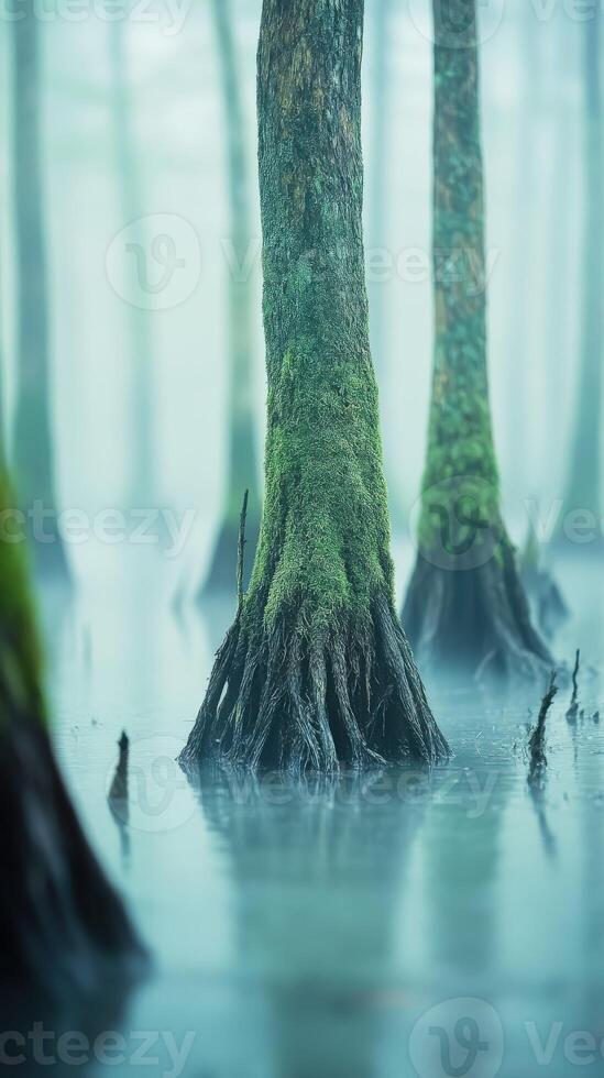 Foggy swamp with moss-covered tree trunks photo