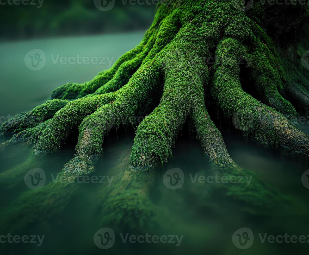 Mossy tree roots emerging from calm water photo
