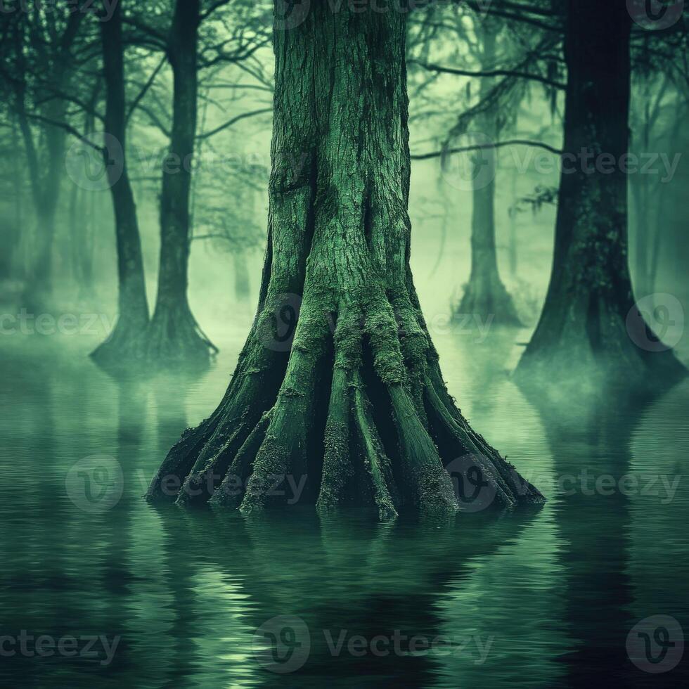 Foggy cypress trees in swamp photo