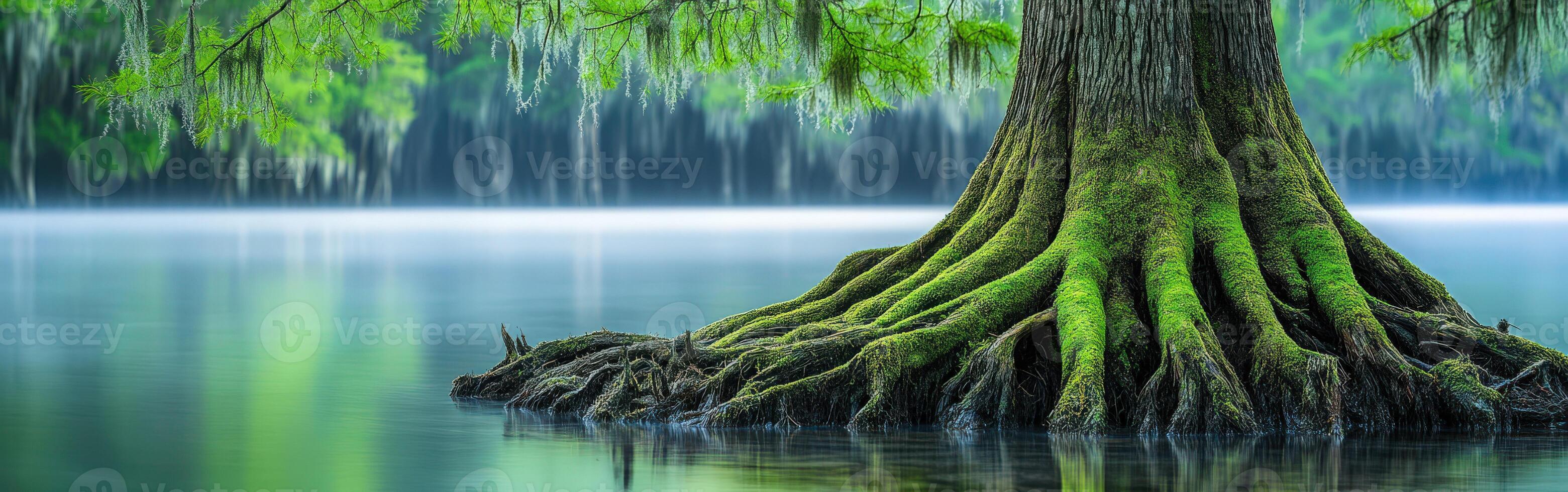 Mossy roots in calm waters soothe photo