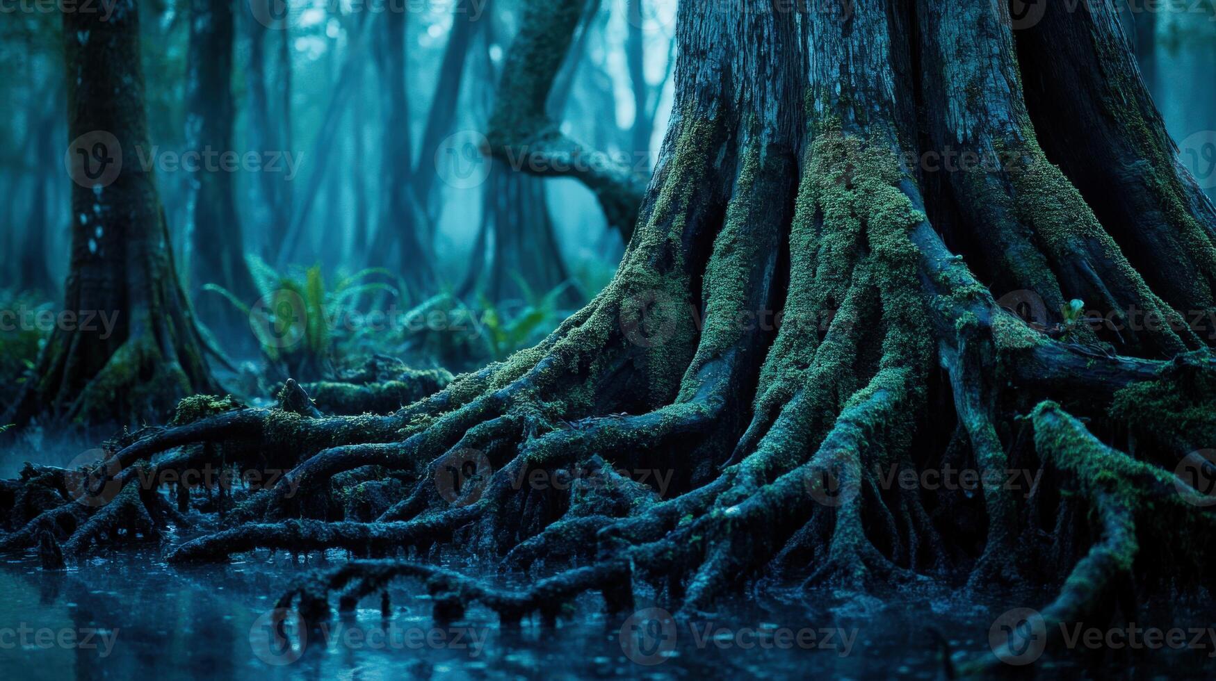 Deep roots in a misty swamp at dawn photo