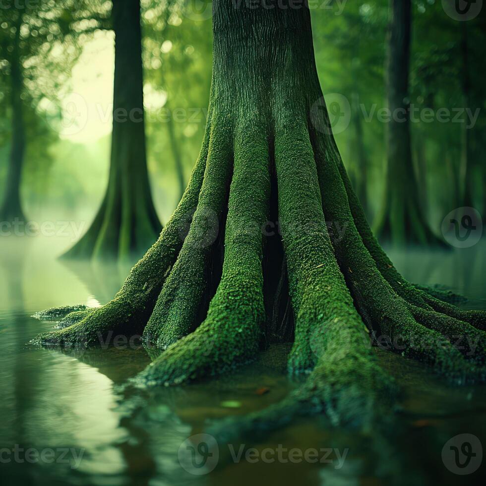Roots of a majestic tree in a serene forest photo