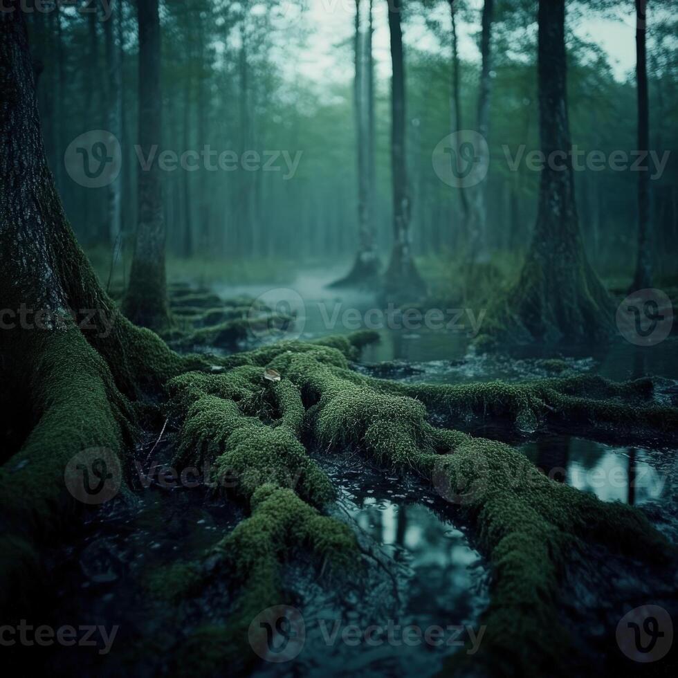 Serene swamp with mossy roots at dusk photo
