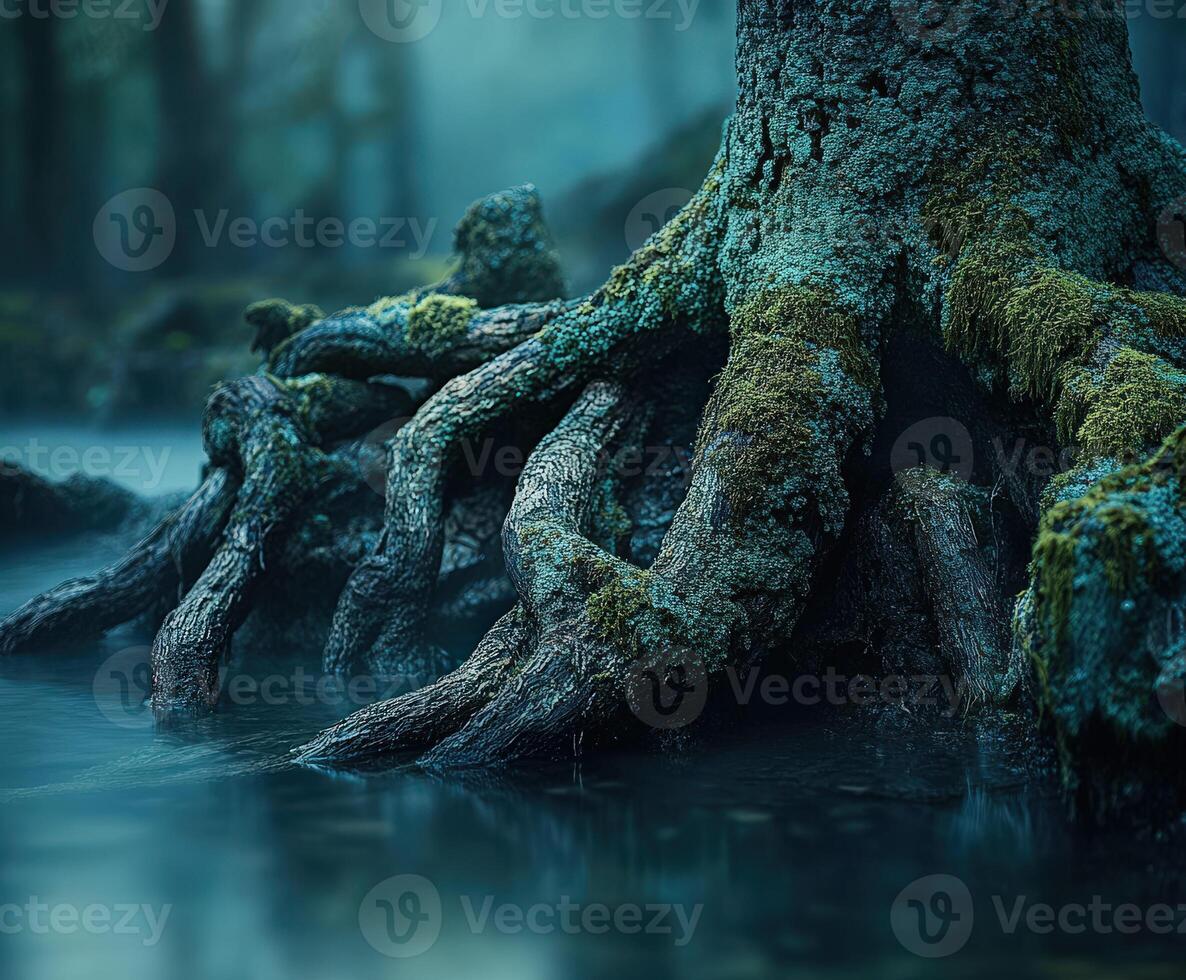 Ancient tree roots emerge from misty waters photo