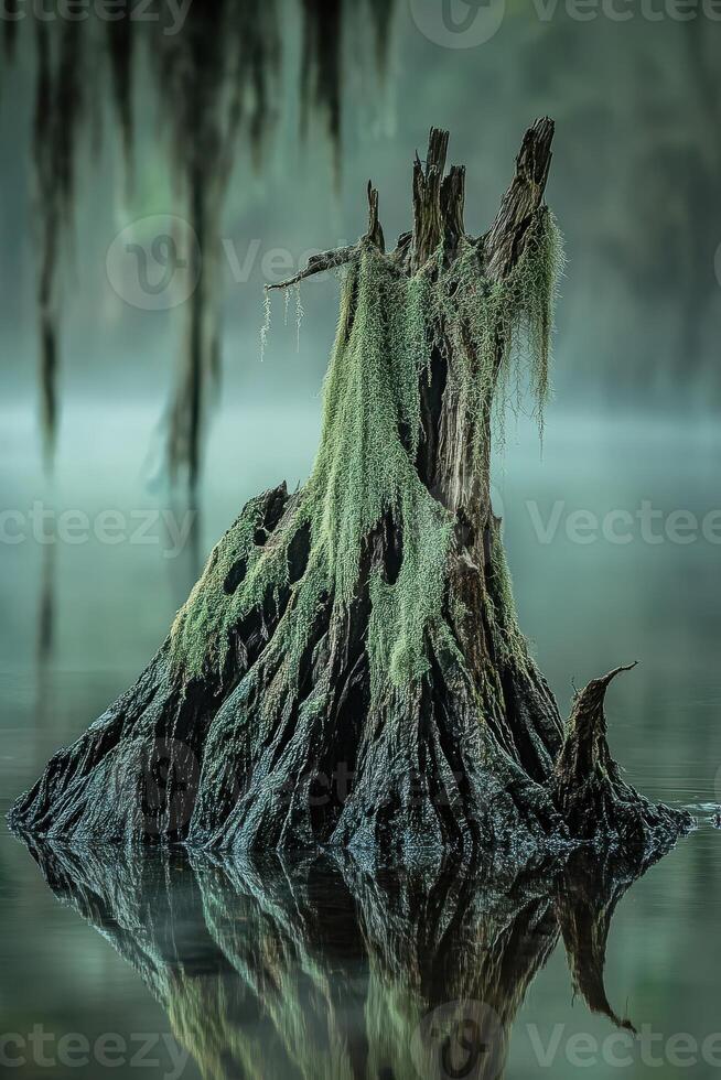 Stump covered in moss in a misty swamp photo