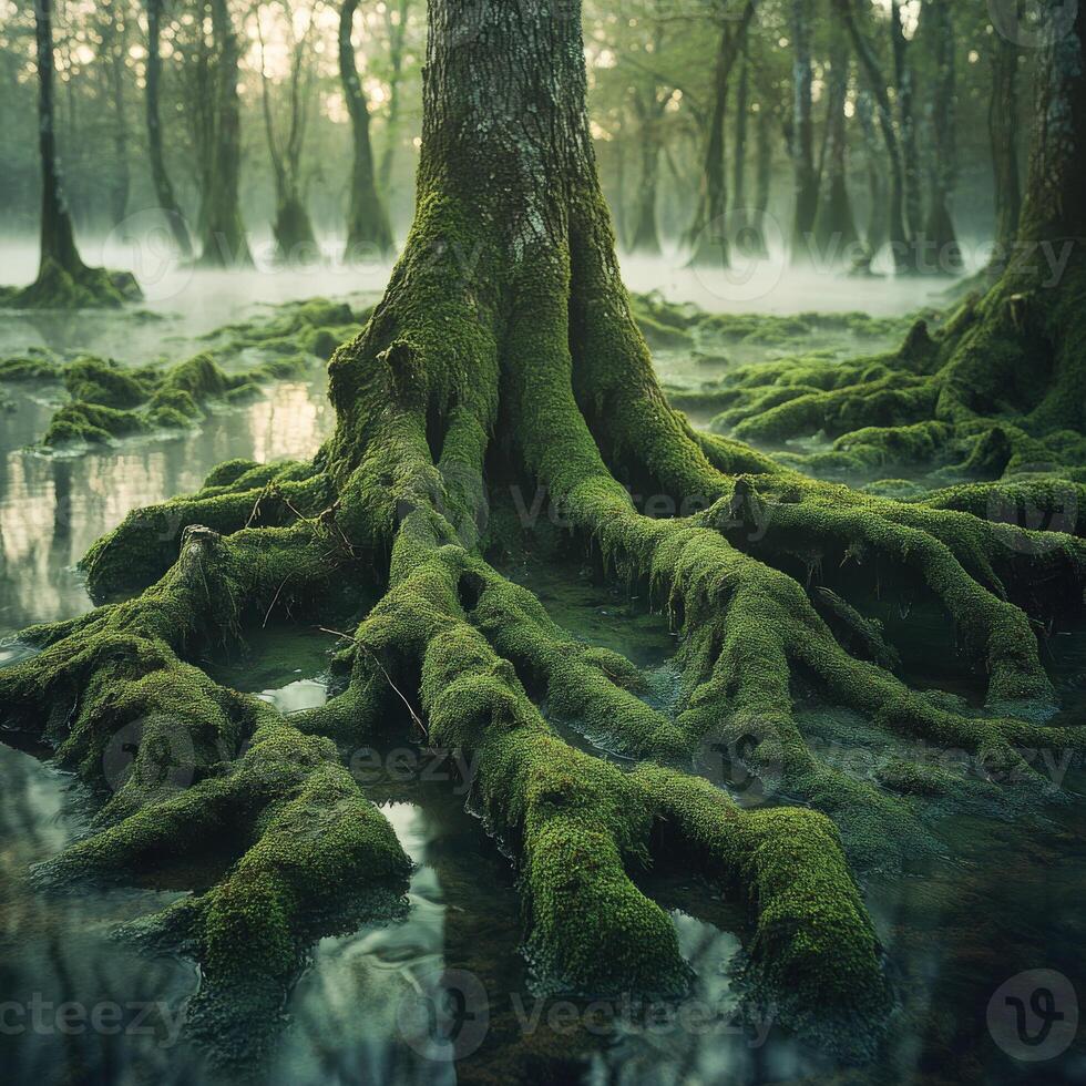 Mossy tree roots in a foggy swamp setting photo