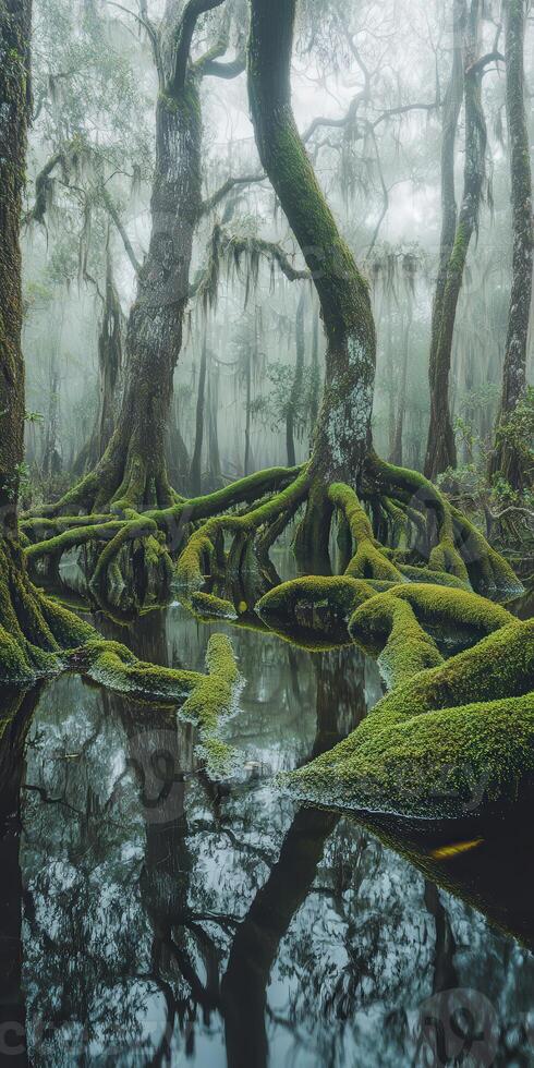 Misty swamp with twisted trees photo