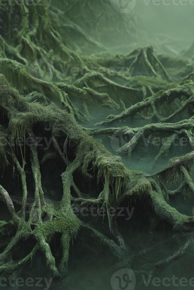 Intricate roots submerged in misty water photo