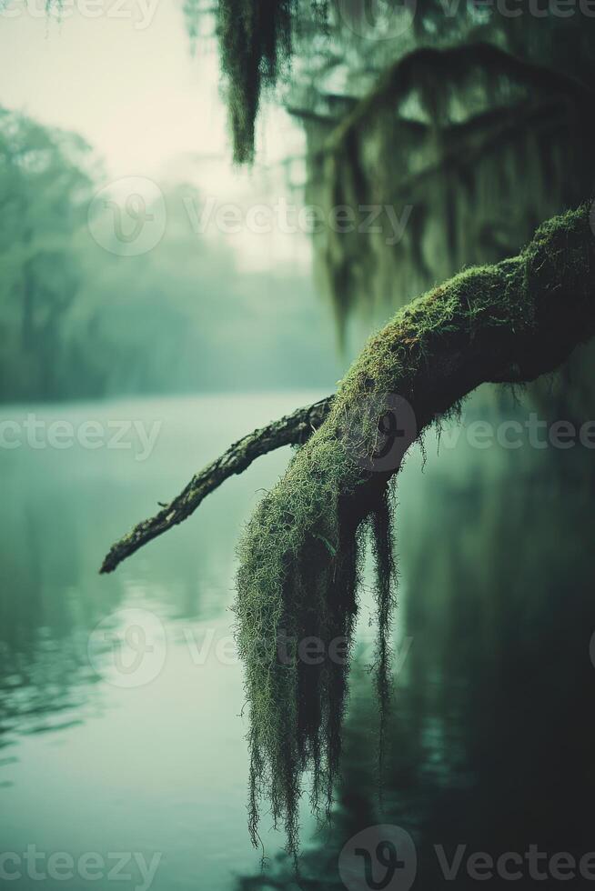 Mossy branch hanging over still water at dawn photo