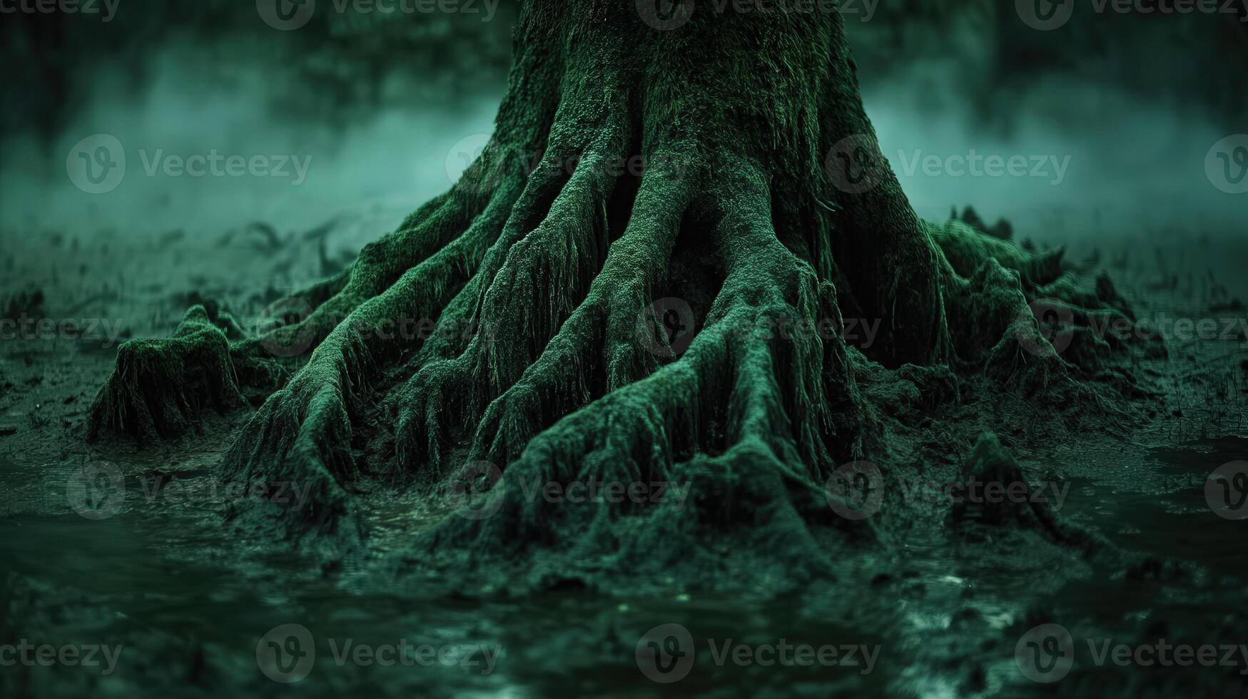 Moss-covered tree roots in a misty swamp photo