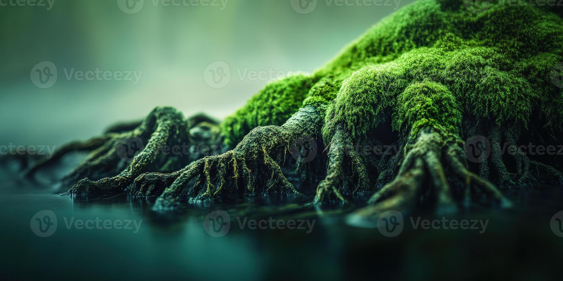 Root system of moss-covered tree in water photo