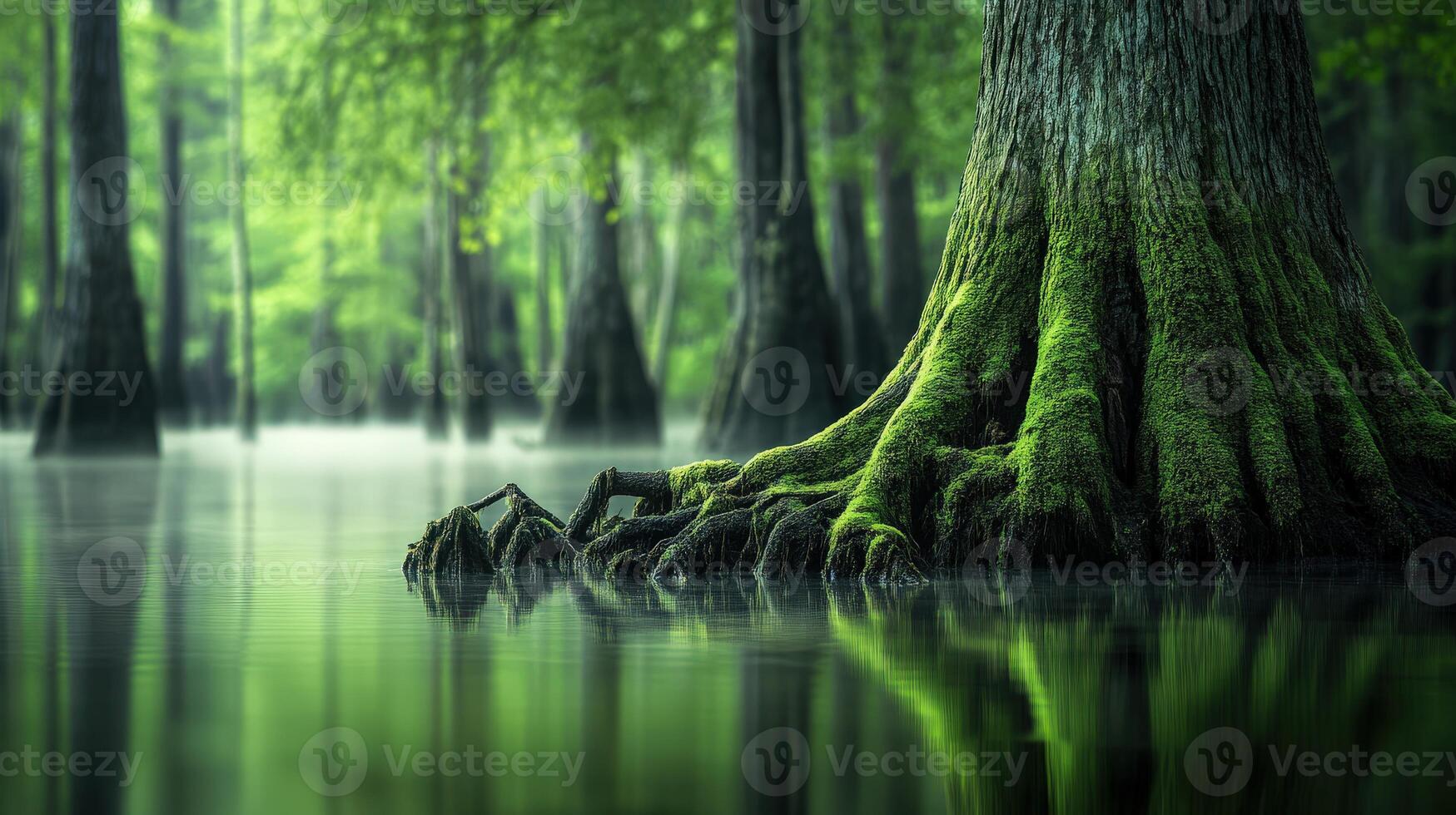 Mossy tree roots emerging from tranquil water photo