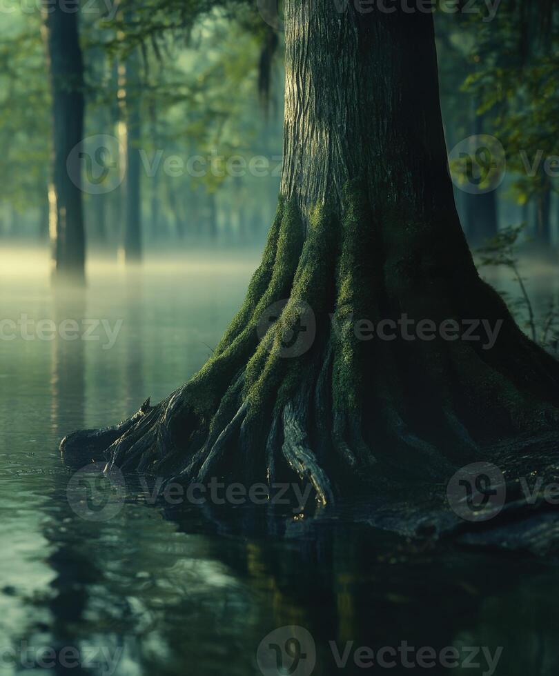 Stunning tree roots emerge from calm water photo