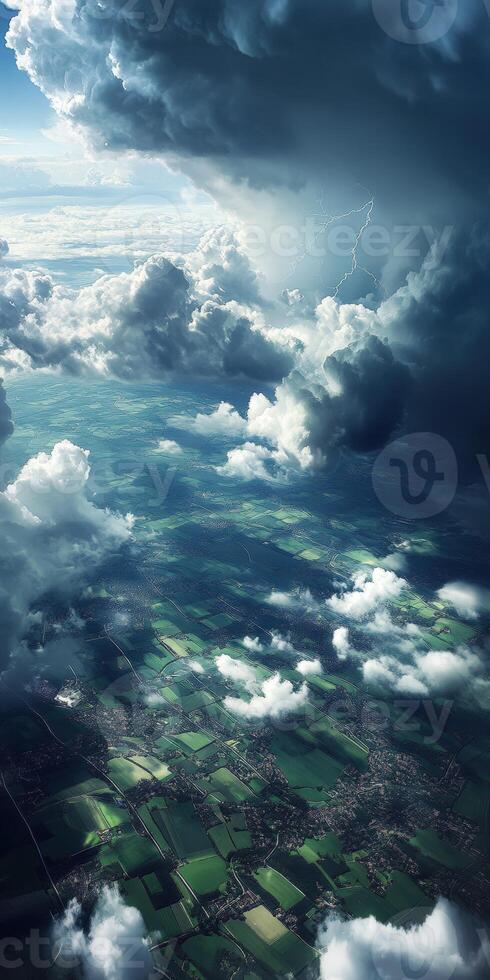A view of a cloudy sky with a green field photo