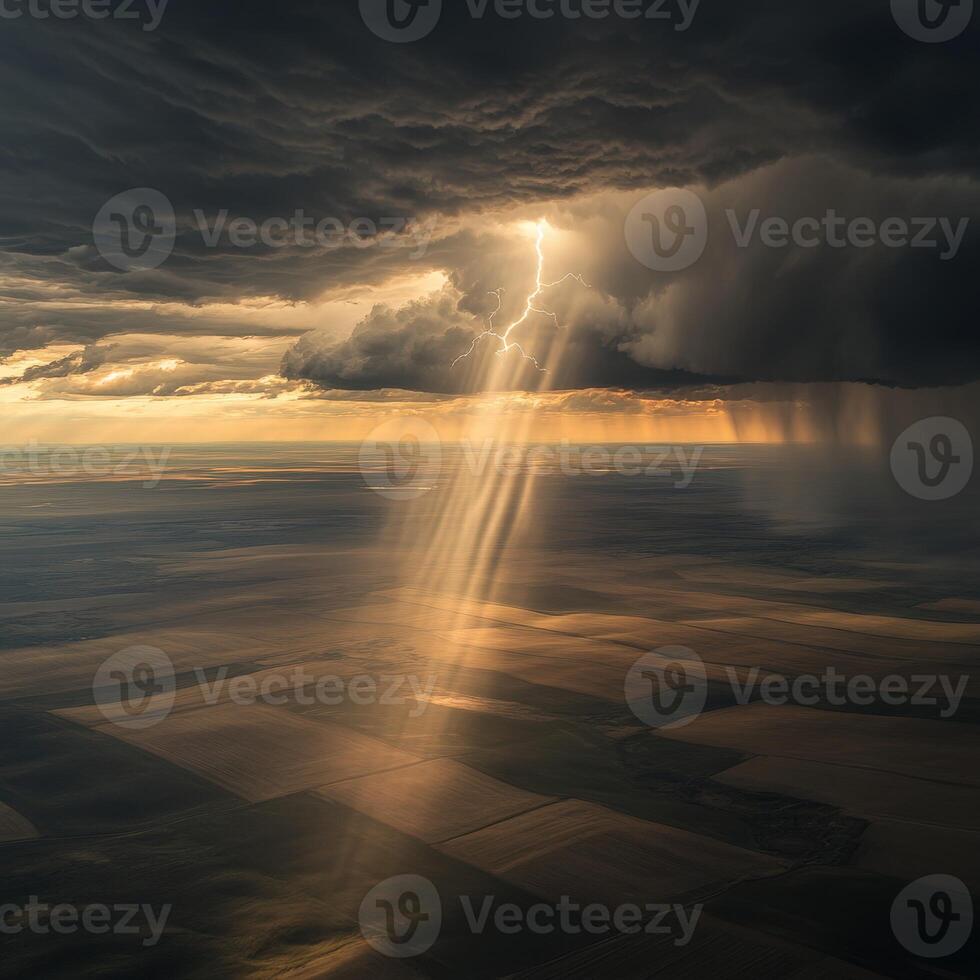 Lightning strikes fields in storm photo