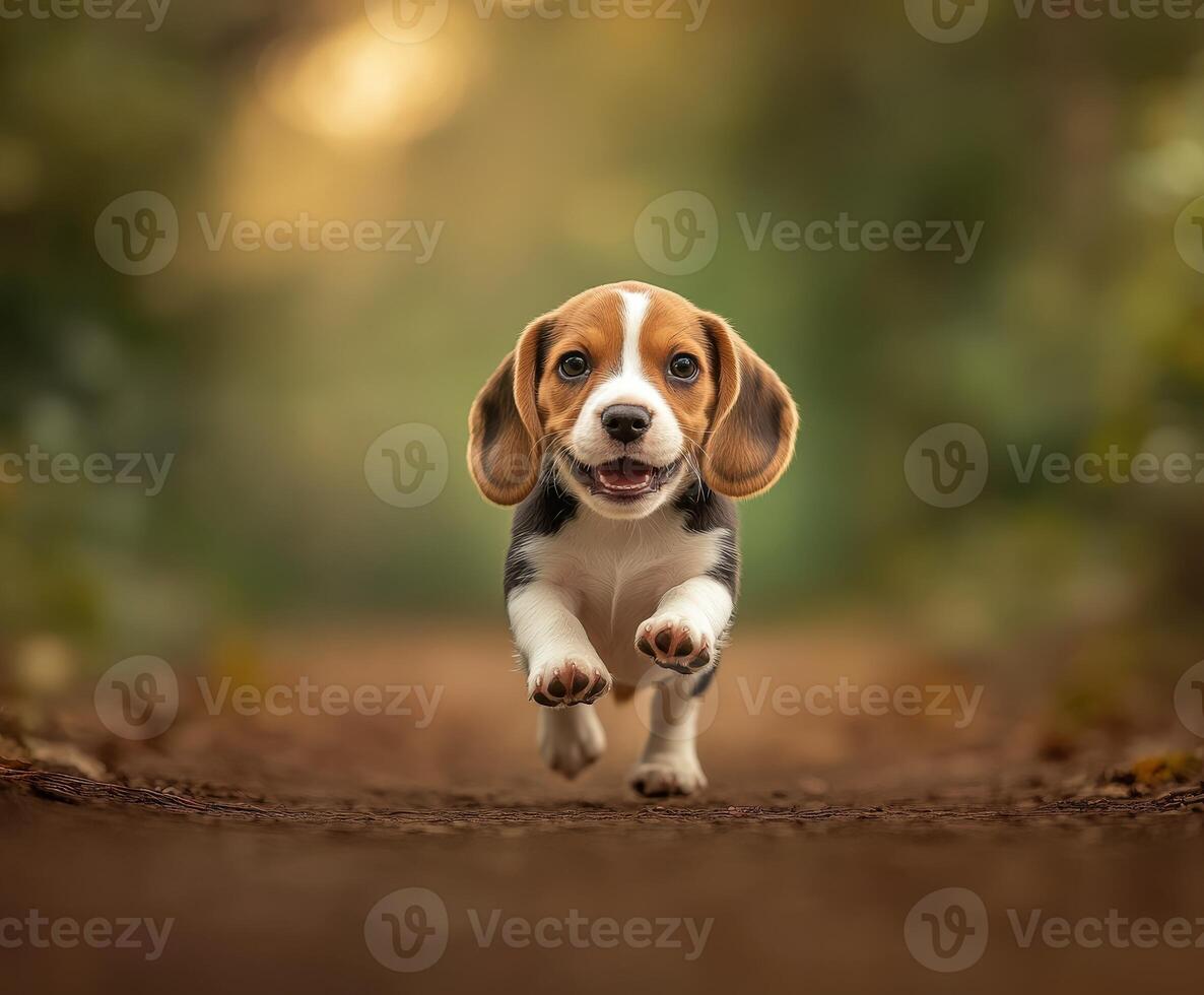 Beagle puppy joyfully running down the path photo