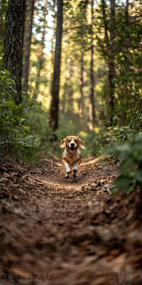 Beagle pup running in the forest photo