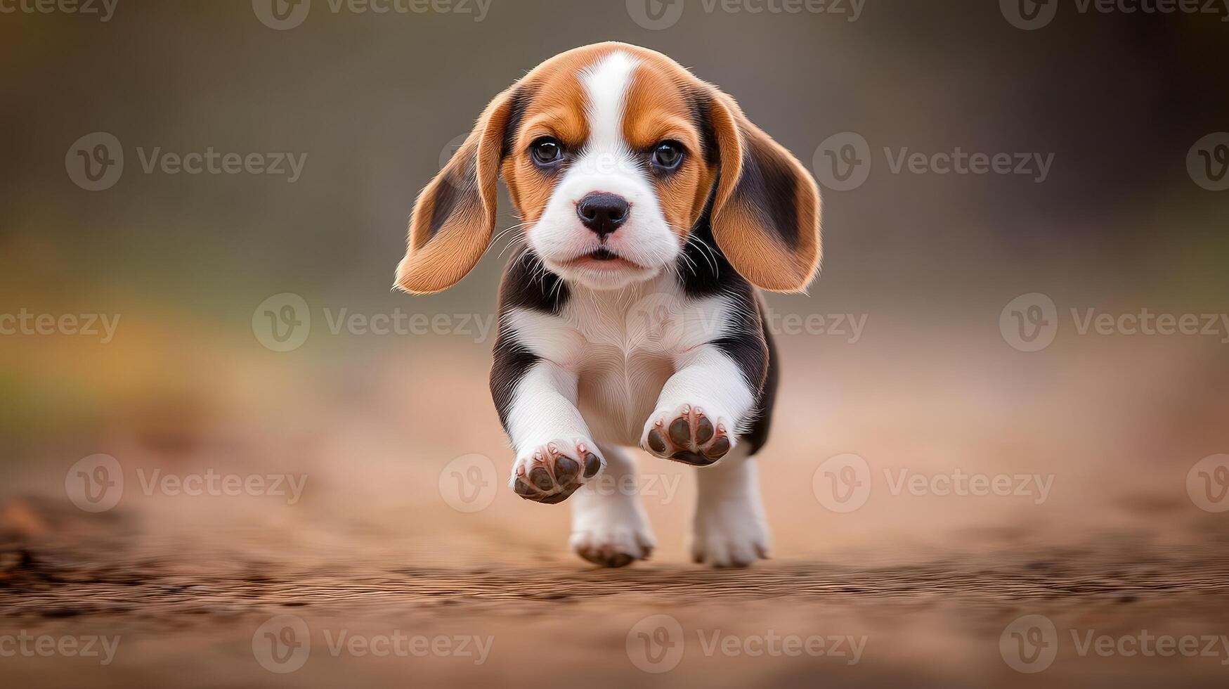 Beagle puppy joyfully running on a dirt path photo