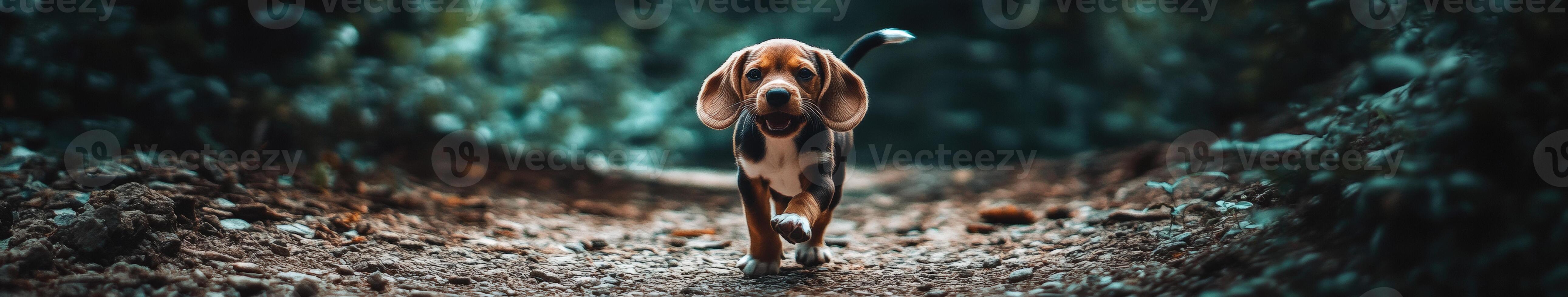 Beagle puppy joyfully runs on a forest path photo