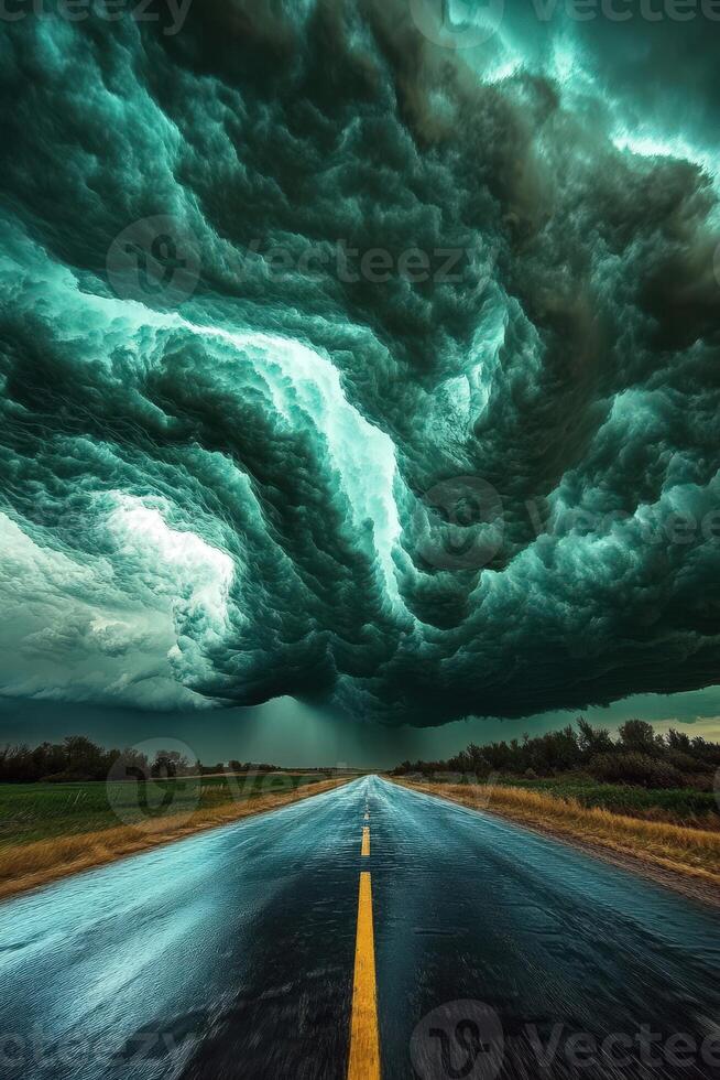 A road is shown with a storm cloud in the sky photo