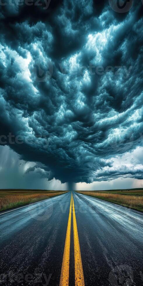 An empty road with storm clouds in the sky photo