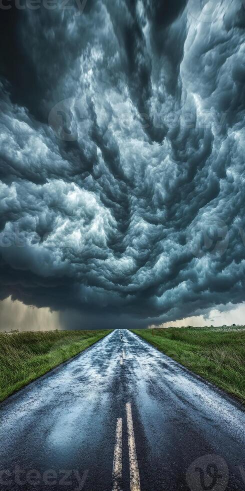 A road is shown under a stormy sky photo