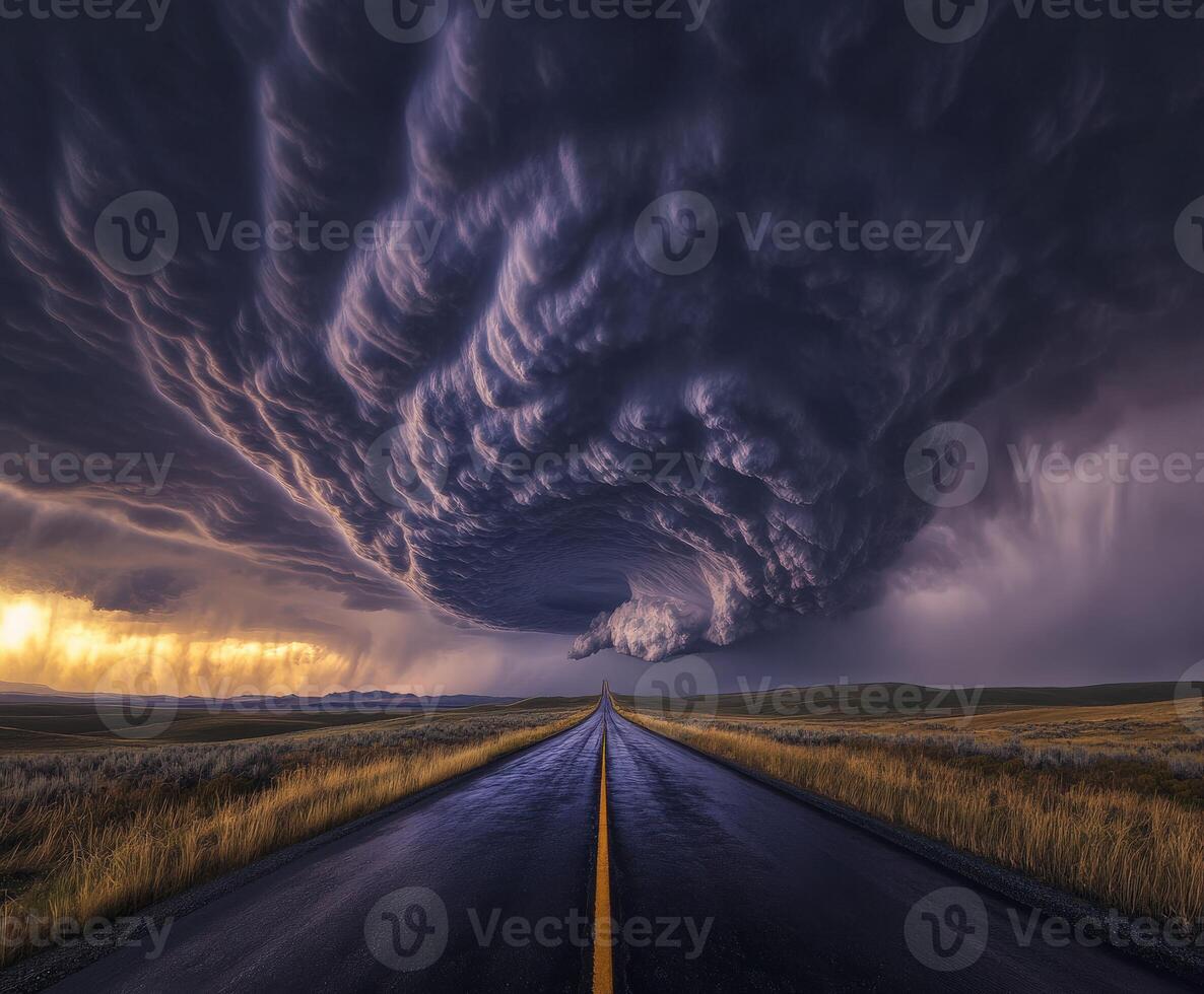 A road is shown with a large storm cloud above it photo