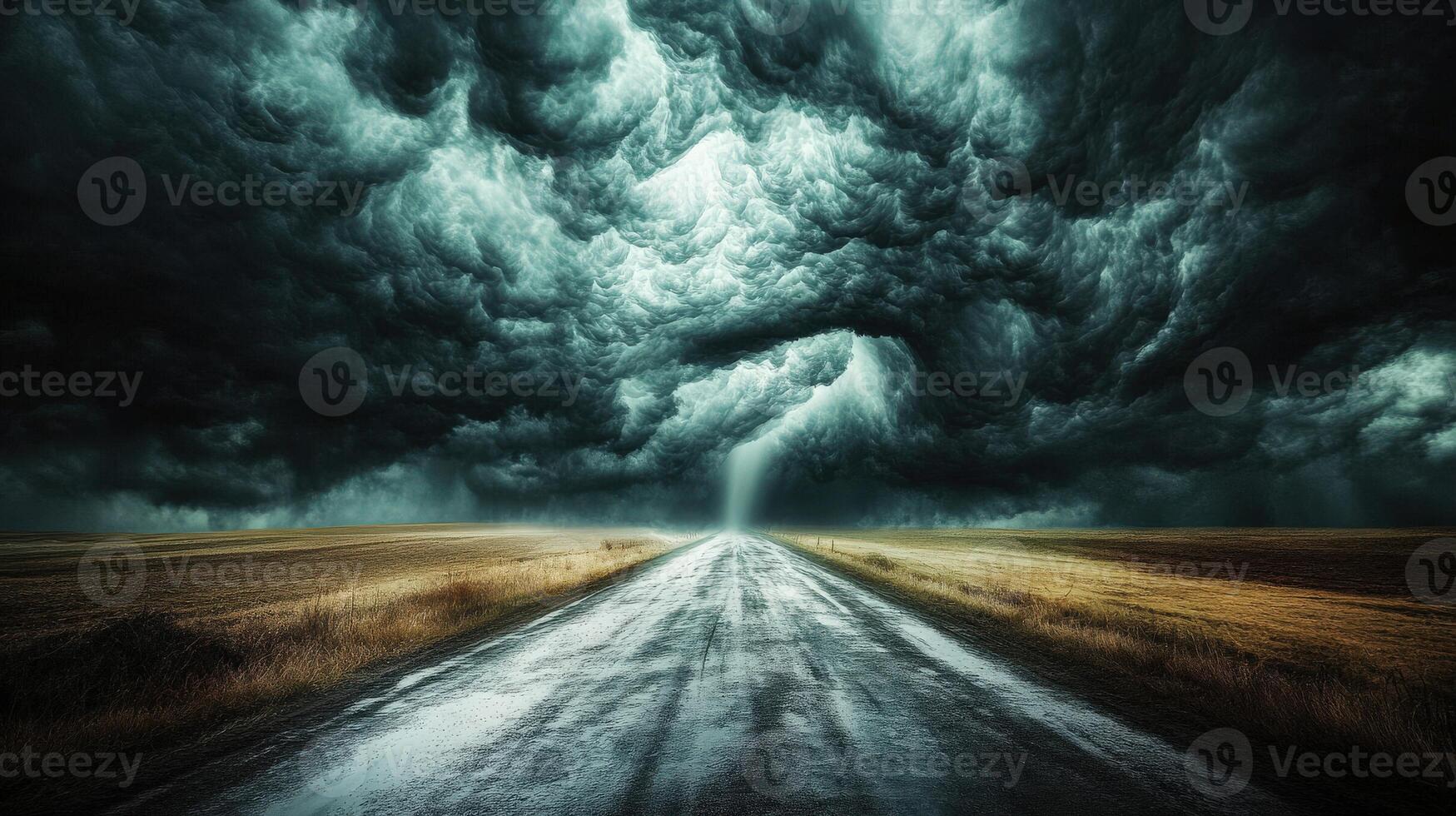 A road leading to a dark stormy sky photo