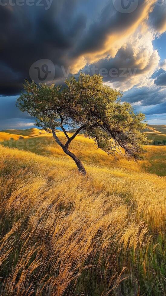 A lone tree stands in a field with a stormy sky photo