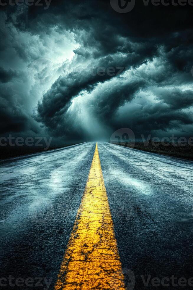 An empty road with a storm cloud in the sky photo