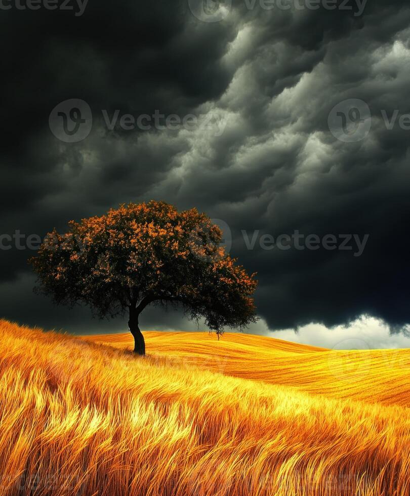 Stormy skies over golden fields at sunset photo
