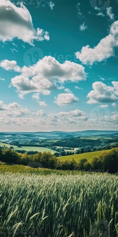 A beautiful view of a field with wheat and clouds photo